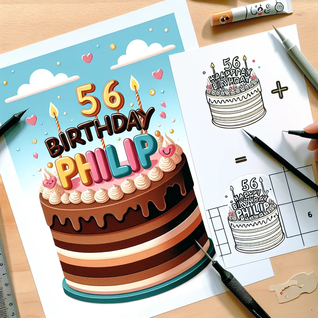 Happy 56th Birthday Philip with Cake Illustration Cartoon Style