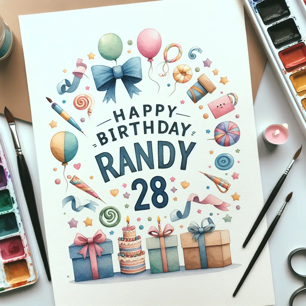 Happy 28th Birthday Randy with Gift Watercolor Style