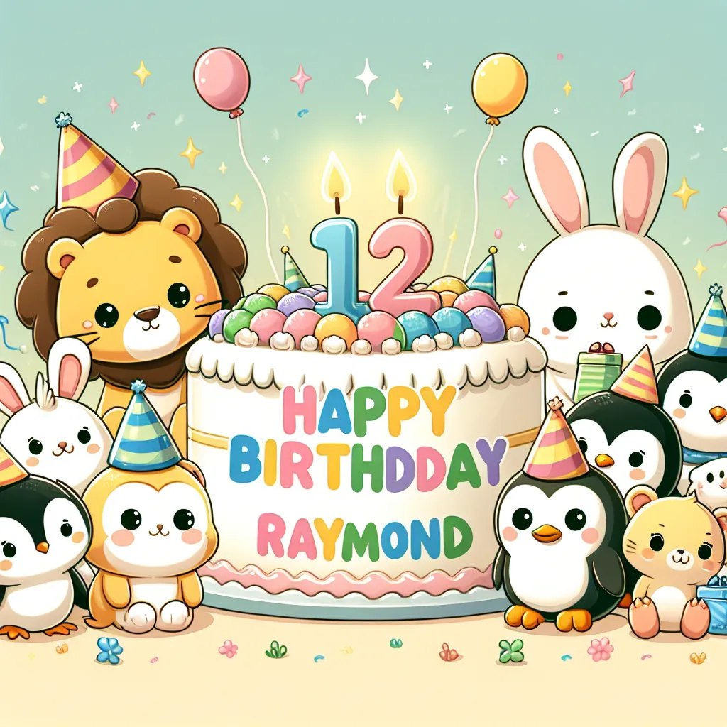 Happy 12th Birthday Raymond with Cute Animals Illustration Cartoon Style