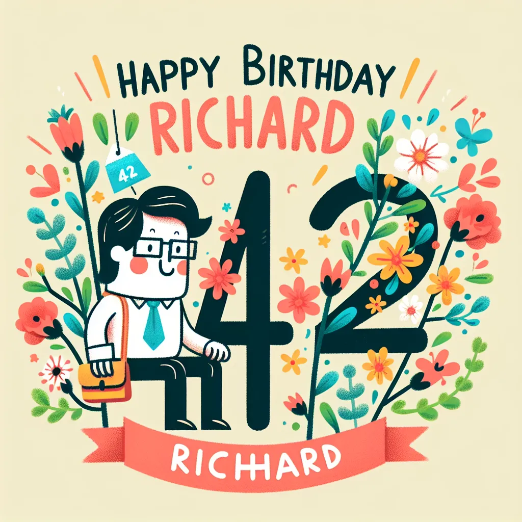 Happy 42nd Birthday Richard with Flowers Illustration Cartoon Style