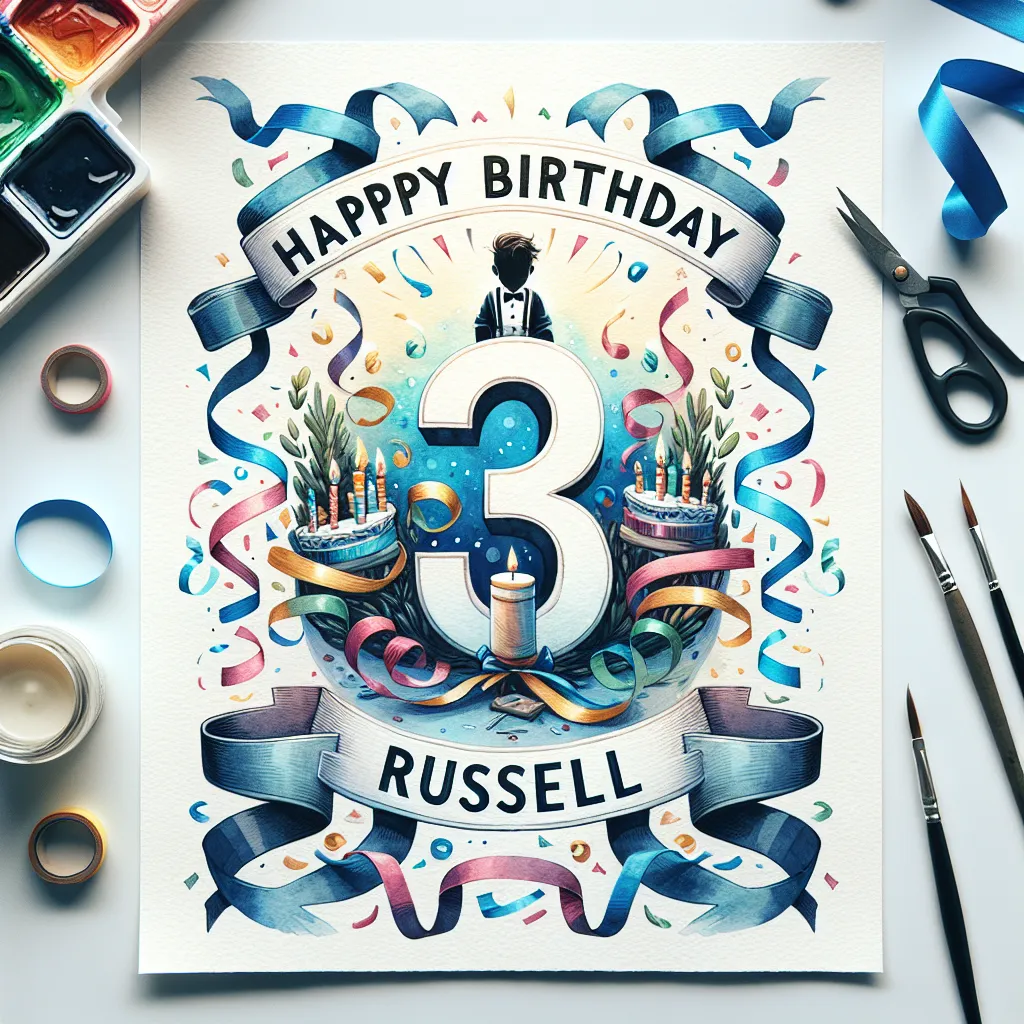 Happy 3rd Birthday Russell with Ribbon Watercolor Style