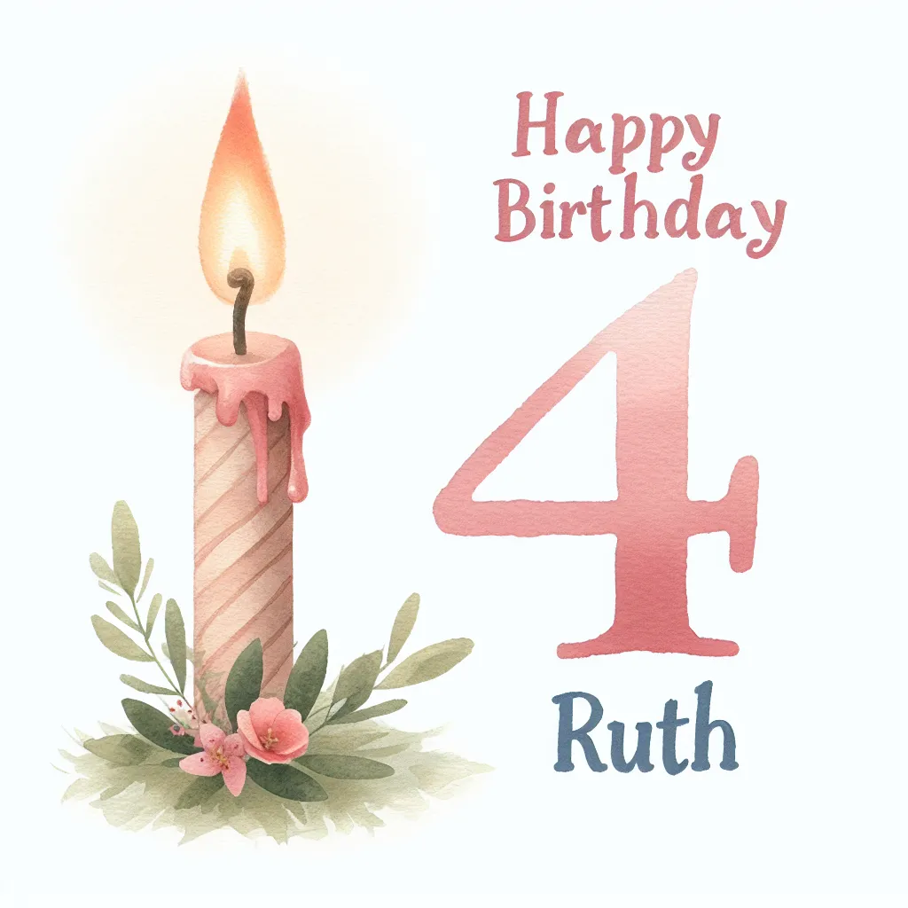 Happy 4th Birthday Ruth with Candle Watercolor Style