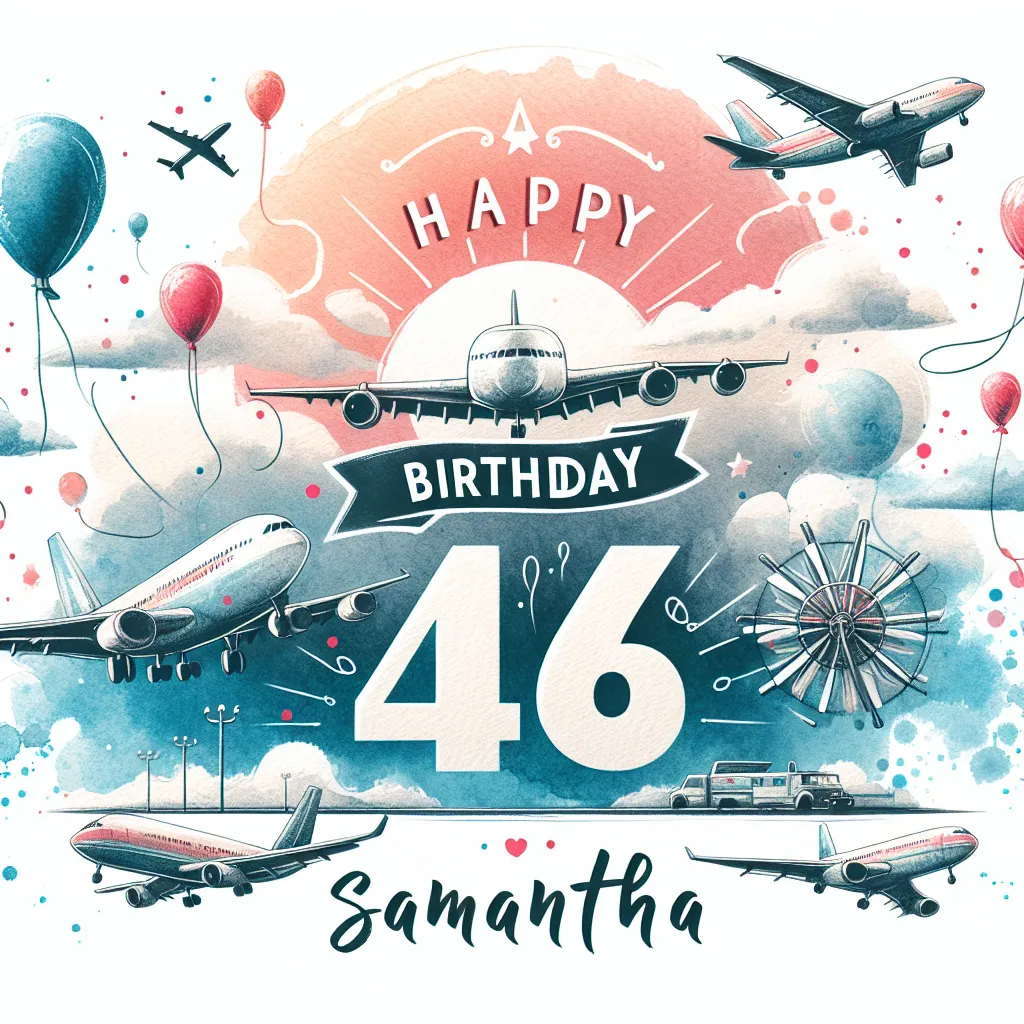 Happy 46th Birthday Samantha with Airplanes Watercolor Style