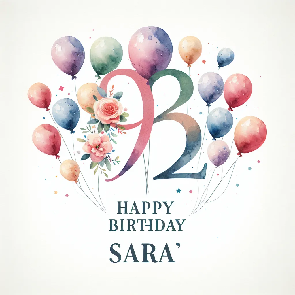 Happy 92nd Birthday Sara with Balloon Watercolor Style