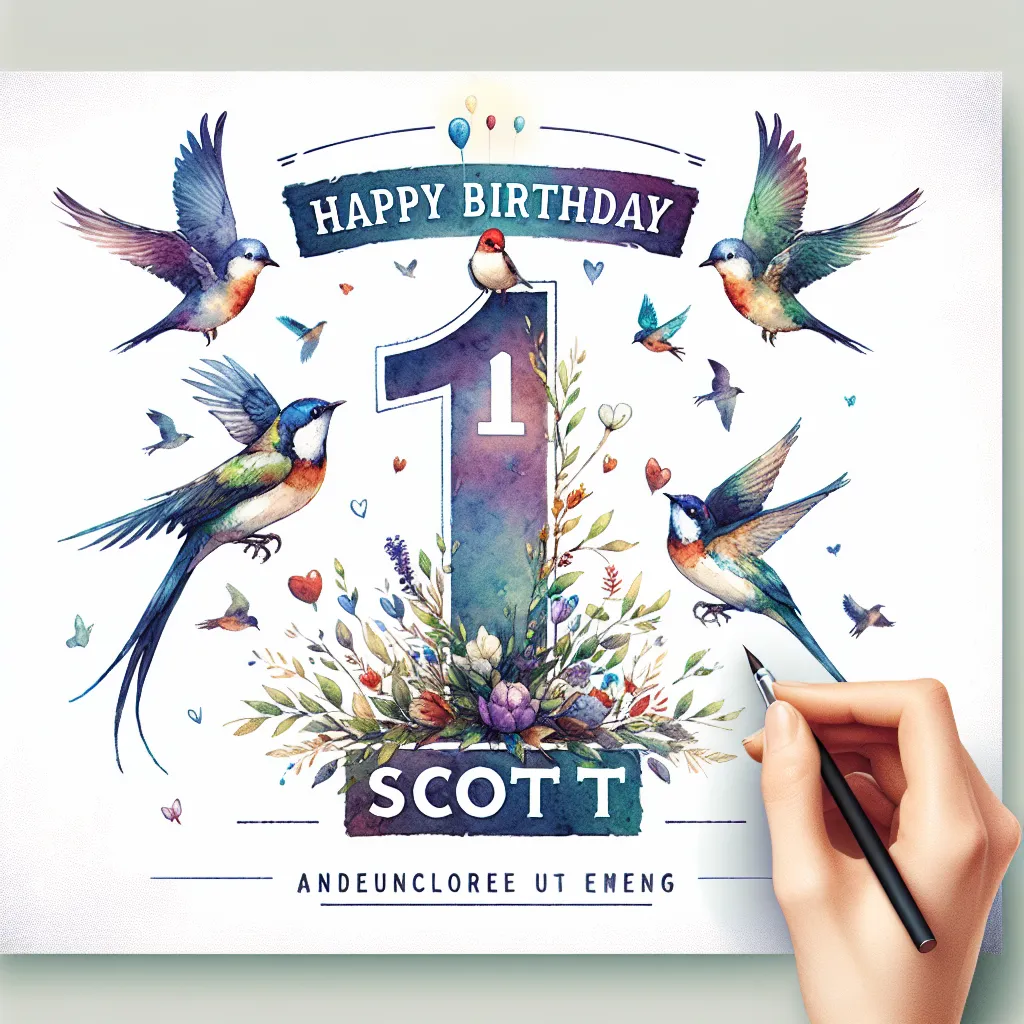 Happy 1st Birthday Scott with Birds Watercolor Style