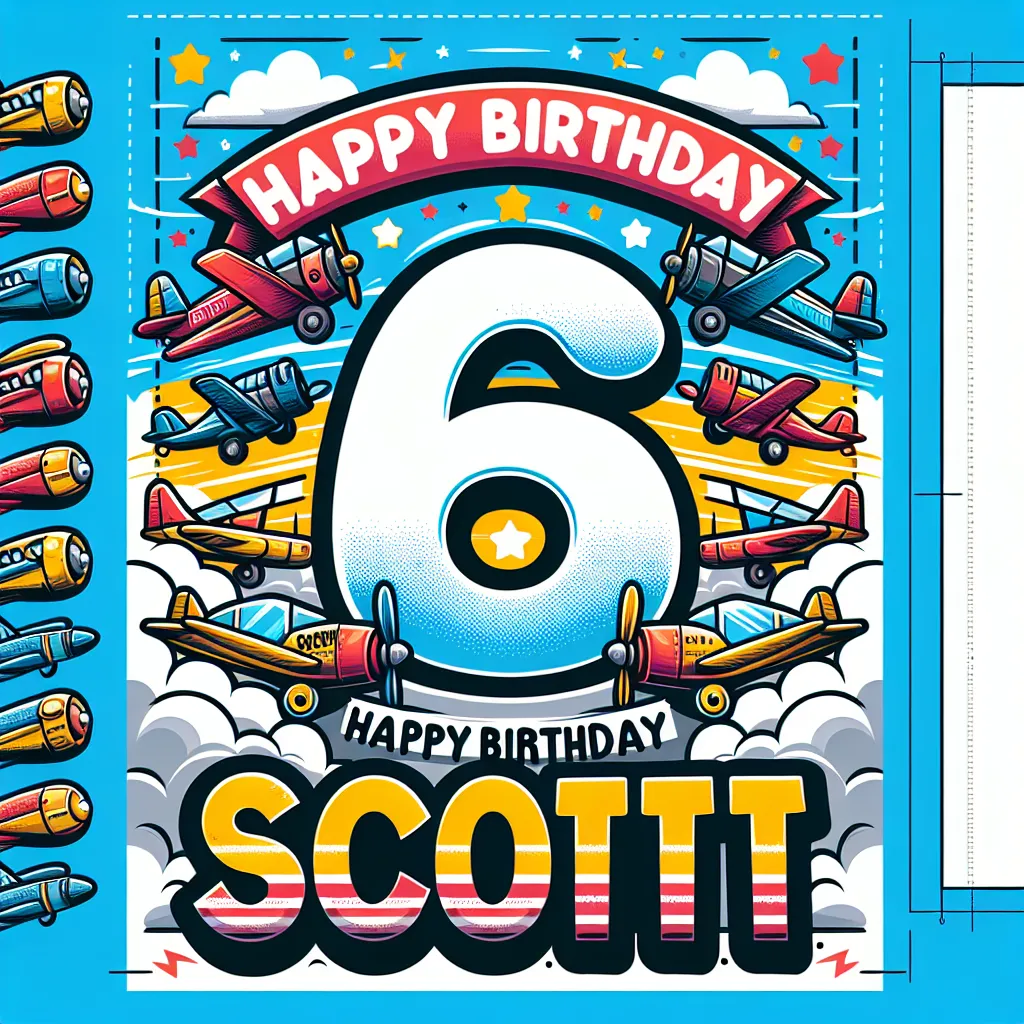 Happy 6th Birthday Scott with Airplanes Illustration Cartoon Style