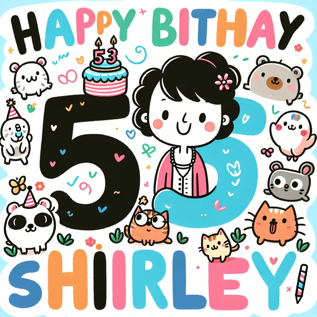 Happy 53rd Birthday Shirley with Cute Animals Illustration Cartoon Style