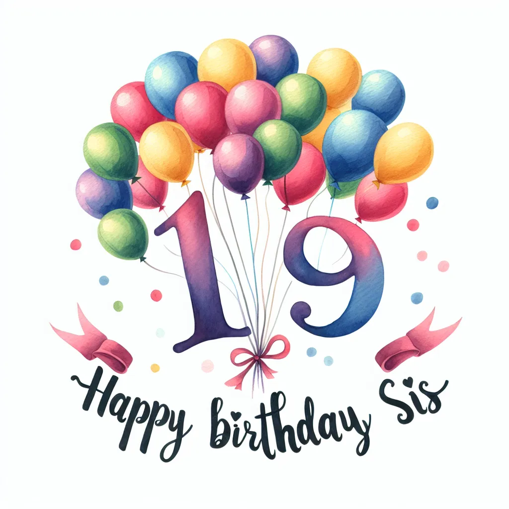 Happy 19th Birthday Sis with Balloon Watercolor Style