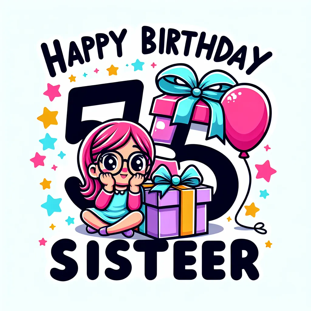 Happy 53rd Birthday Sister with Gift Illustration Cartoon Style