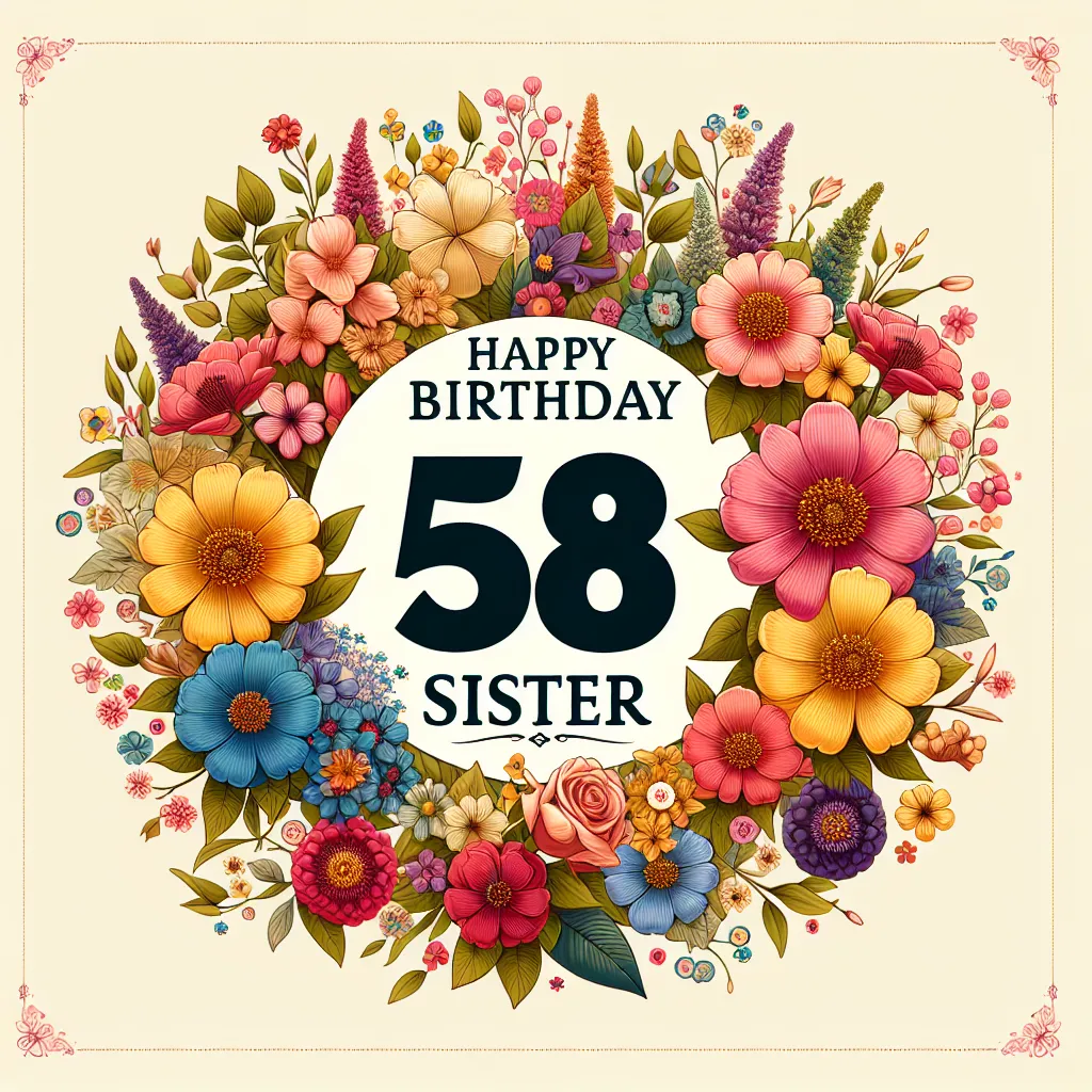 Happy 58th Birthday Sister with Flowers Illustration Cartoon Style