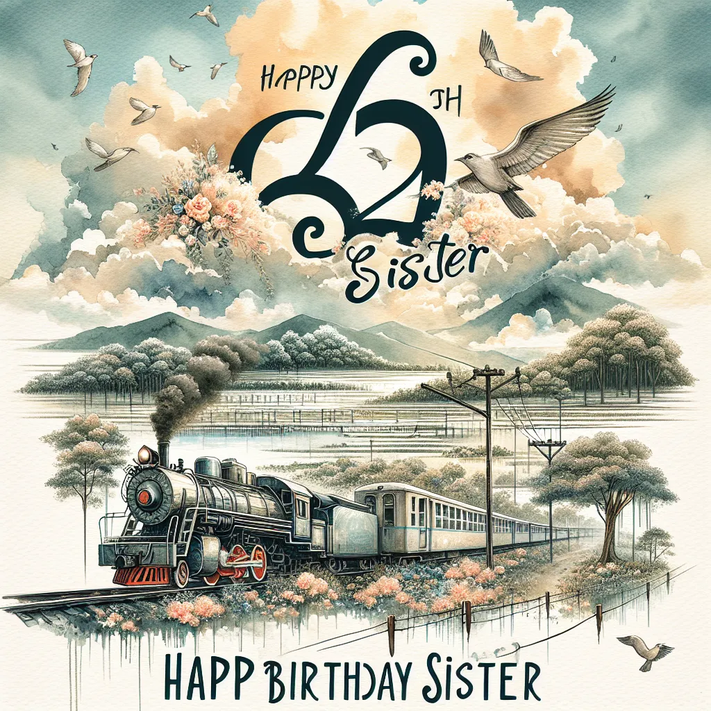 Happy 62nd Birthday Sister with Train Watercolor Style