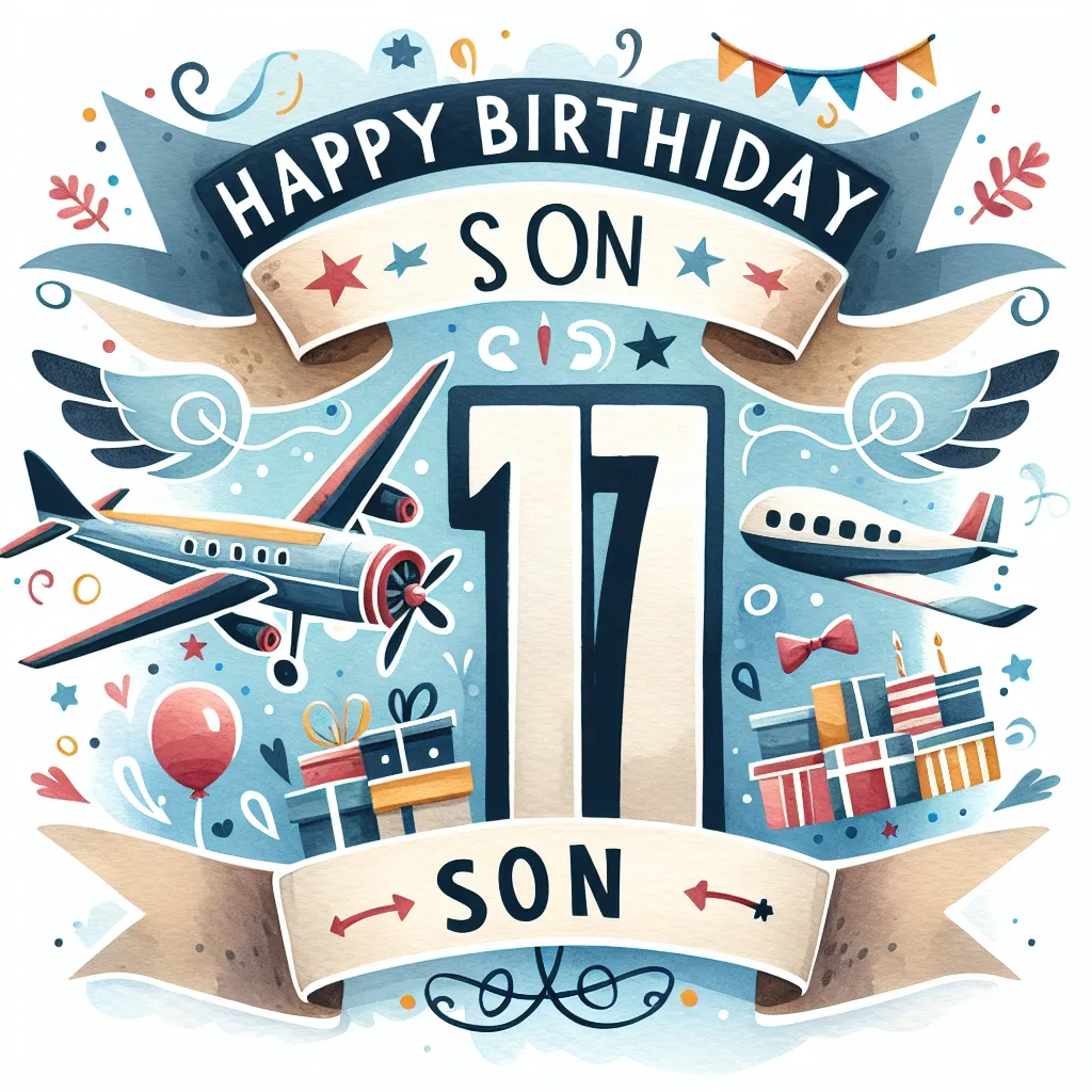 Happy 17th Birthday Son with Airplanes Watercolor Style