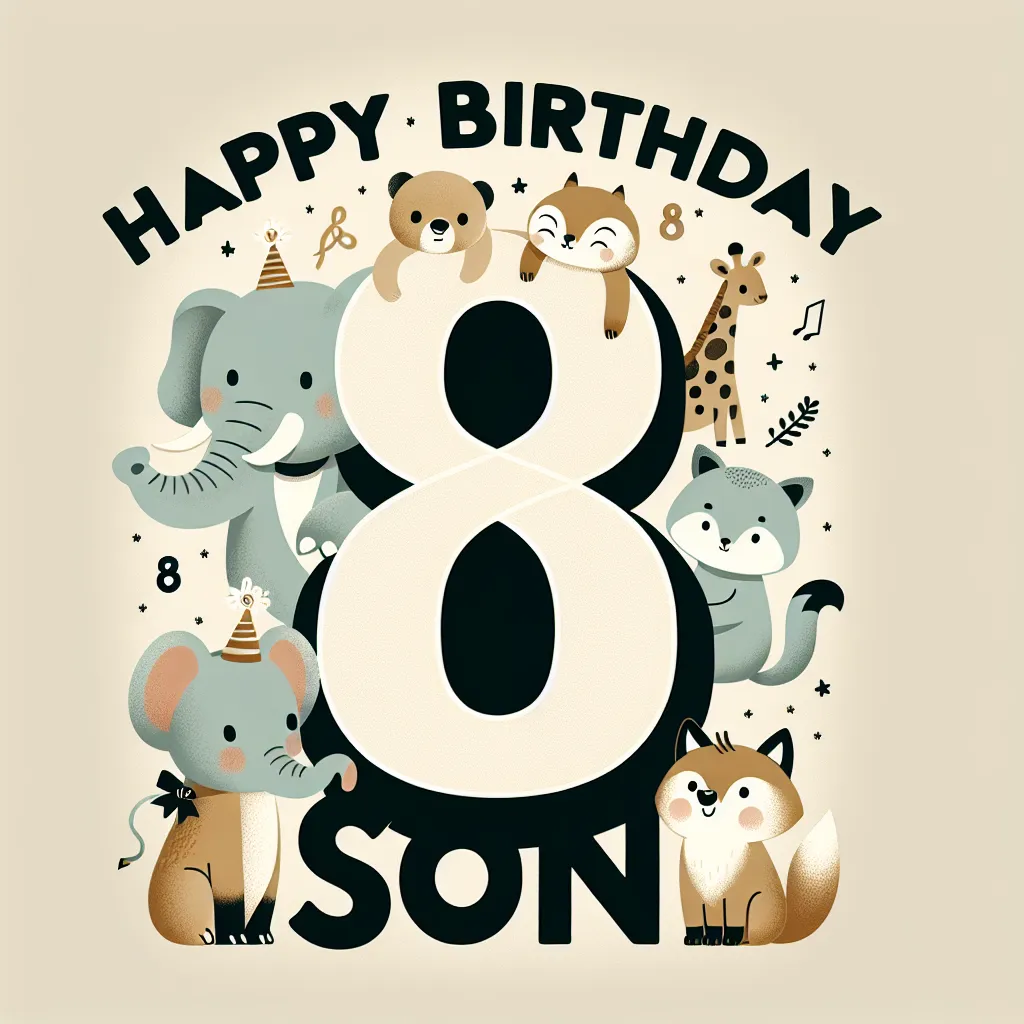 Happy 8th Birthday Son with Cute Animals Elegant Classic Style