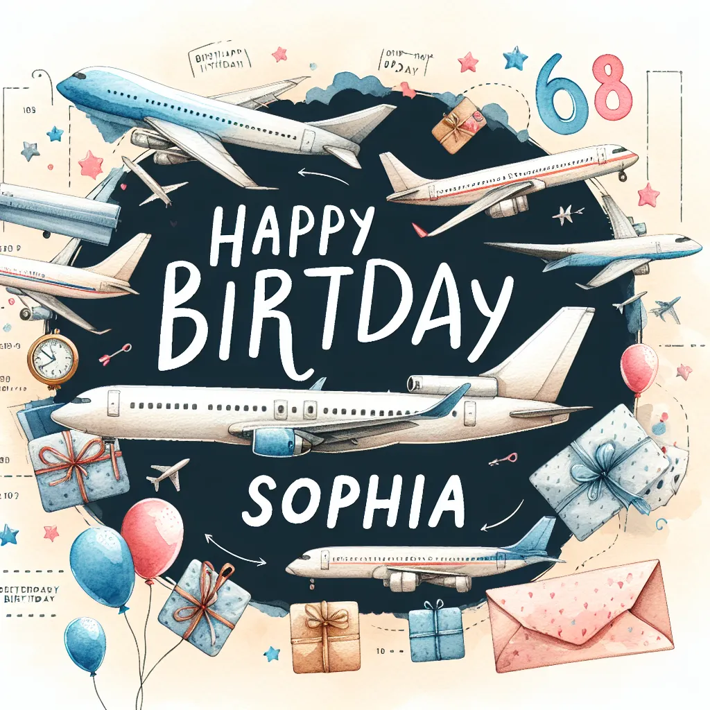 Happy 68th Birthday Sophia with Airplanes Watercolor Style