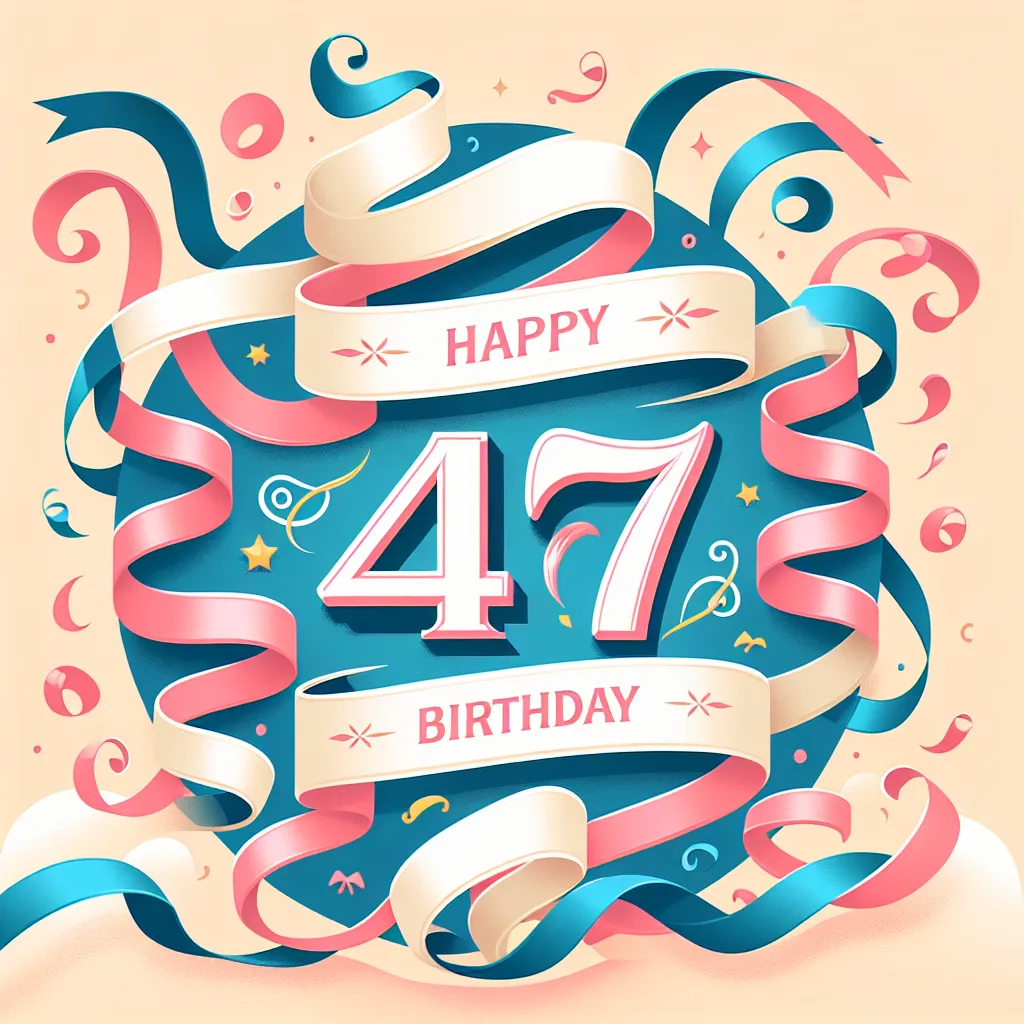 Happy 47th Birthday Stephanie with Ribbon Illustration Cartoon Style