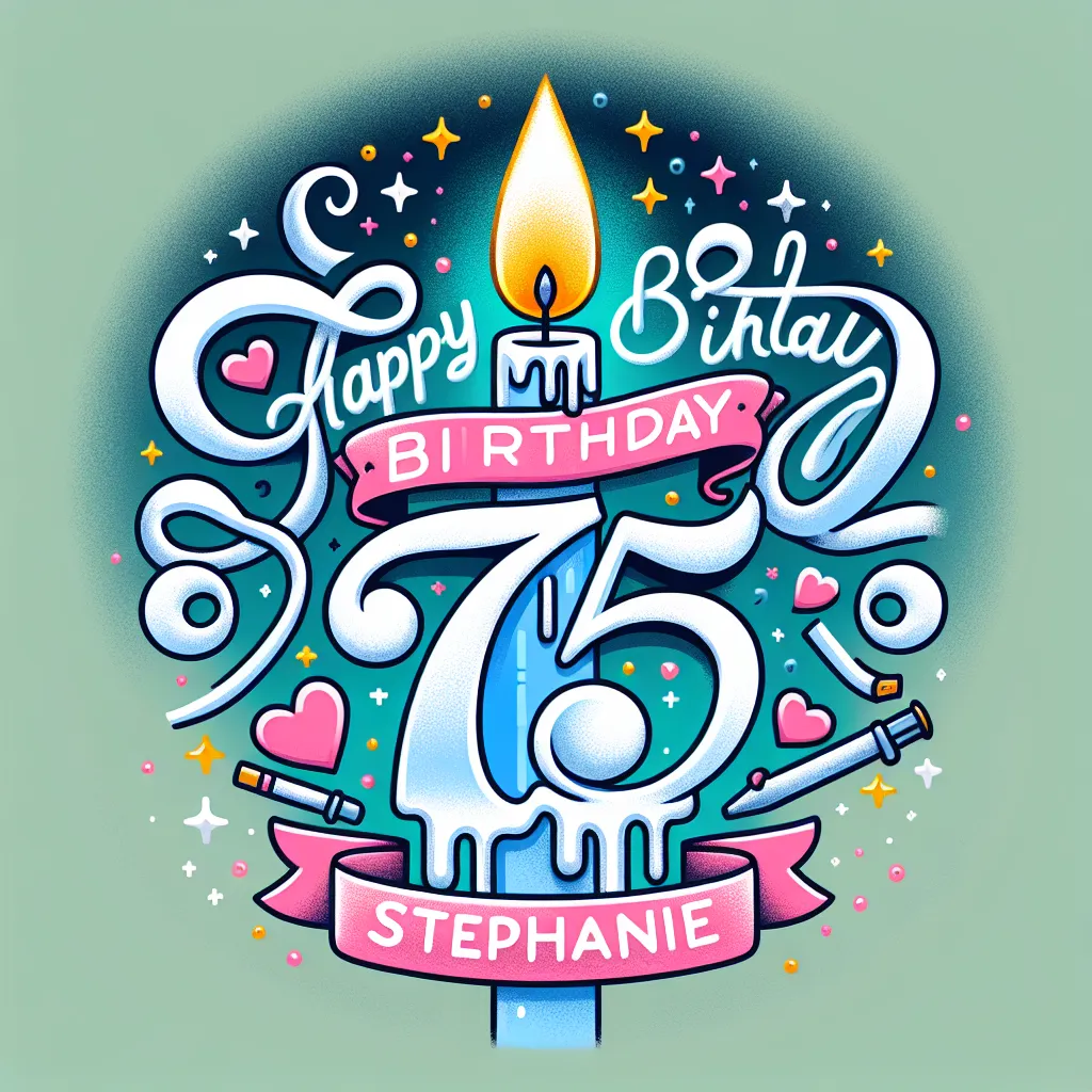 Happy 75th Birthday Stephanie with Candle Illustration Cartoon Style