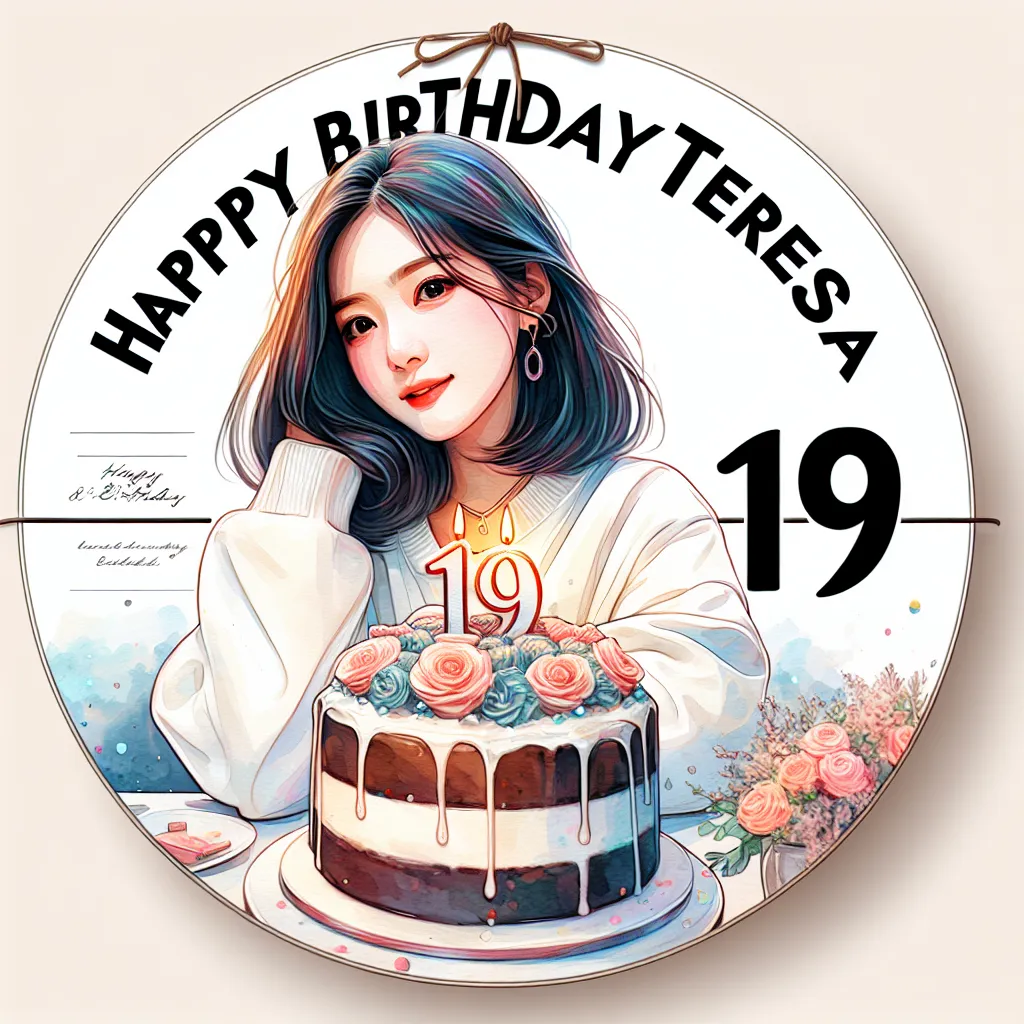 Happy 19th Birthday Teresa with Cake Watercolor Style