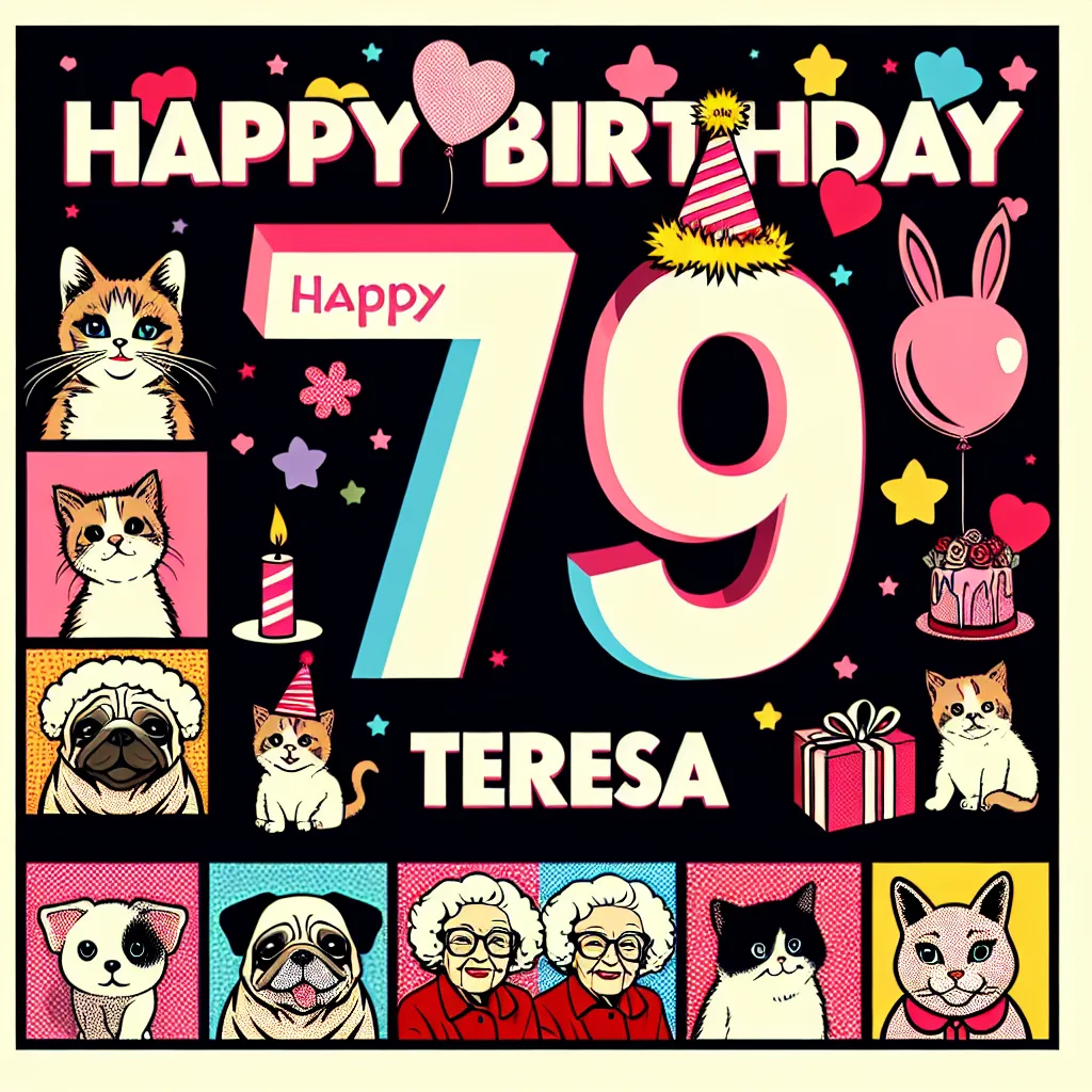 Happy 79th Birthday Teresa with Cute Animals Pop Art Style