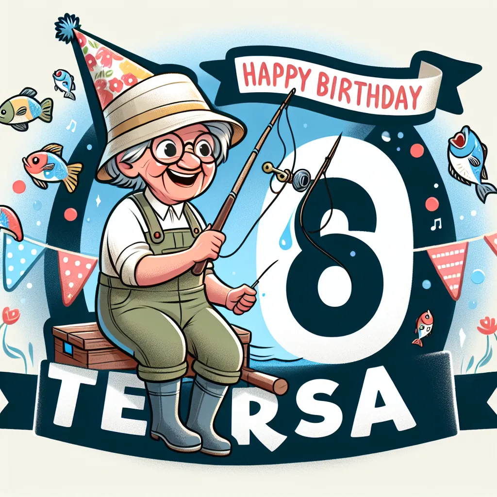 Happy 96th Birthday Teresa with Fisherman Illustration Cartoon Style