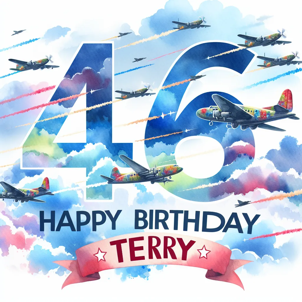 Happy 46th Birthday Terry with Airplanes Watercolor Style