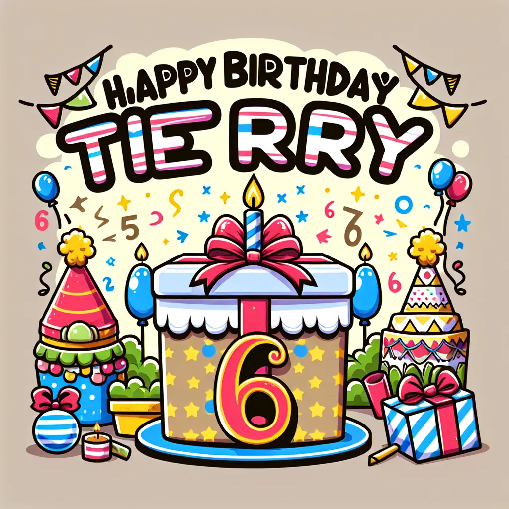 Happy 6th Birthday Terry with Gift Illustration Cartoon Style