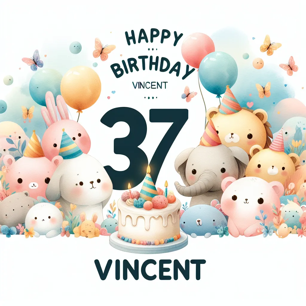 Happy 37th Birthday Vincent with Cute Animals Watercolor Style