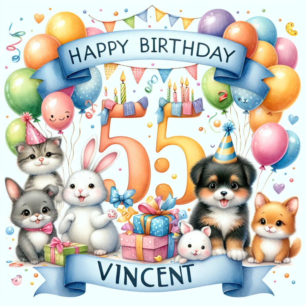 Happy 55th Birthday Vincent with Cute Animals Watercolor Style