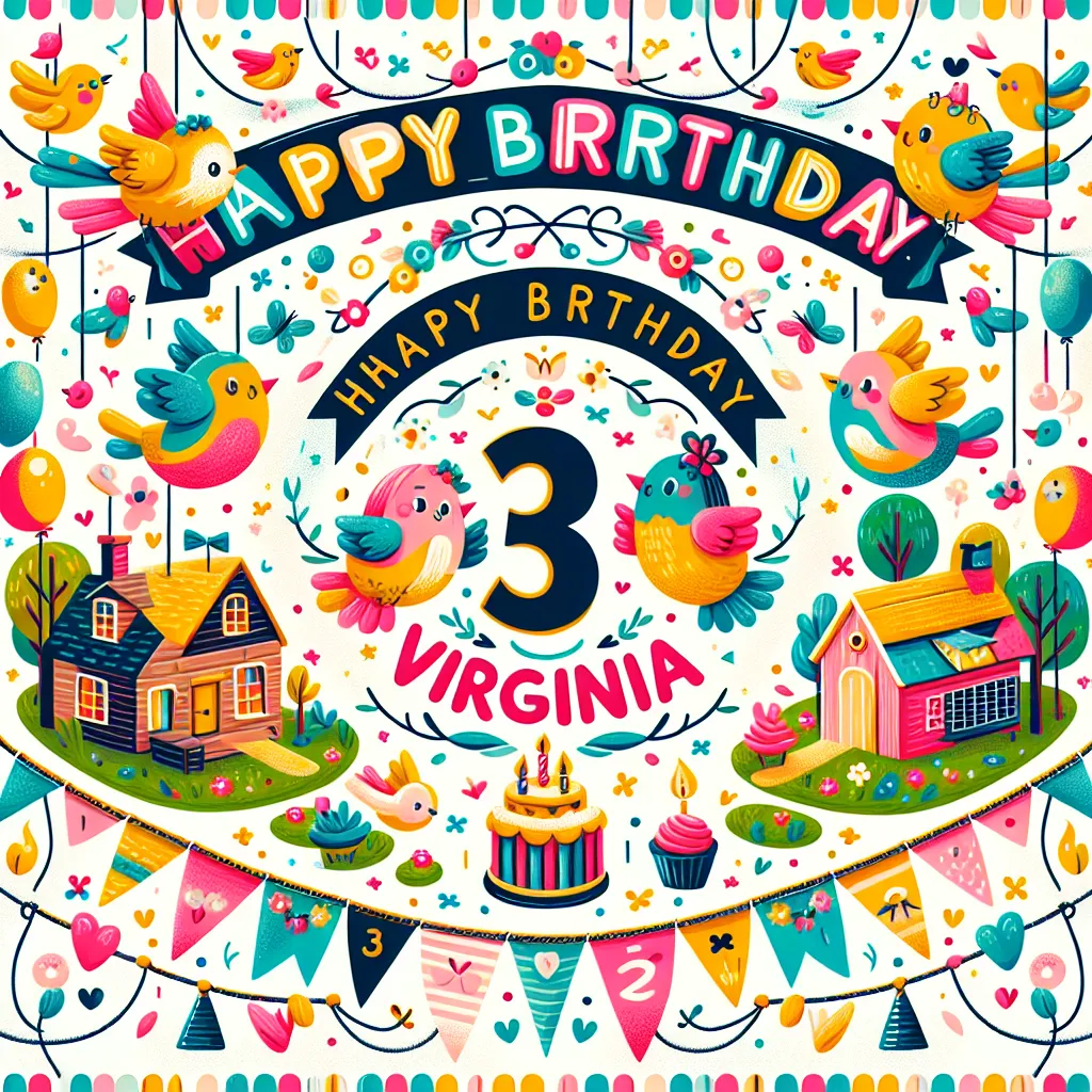 Happy 3rd Birthday Virginia with Birds Illustration Cartoon Style