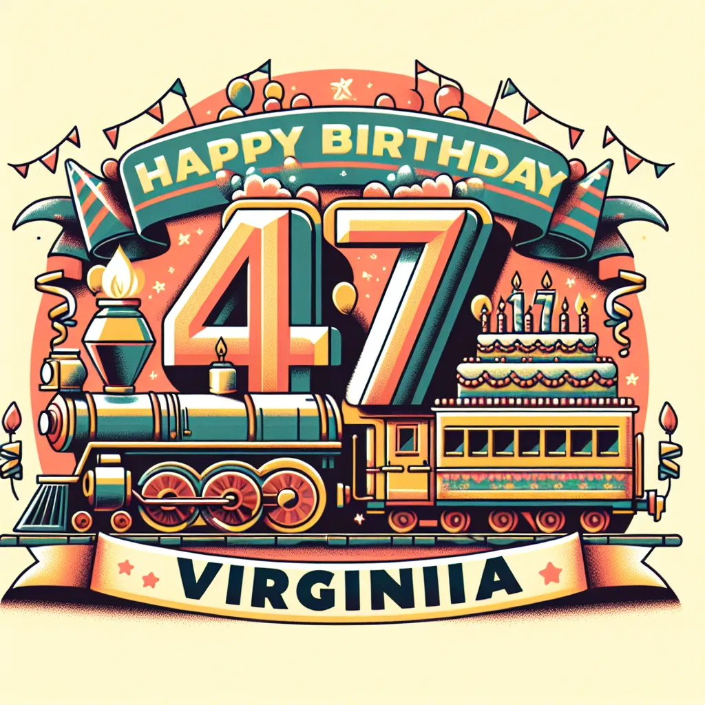 Happy 47th Birthday Virginia with Train Illustration Cartoon Style