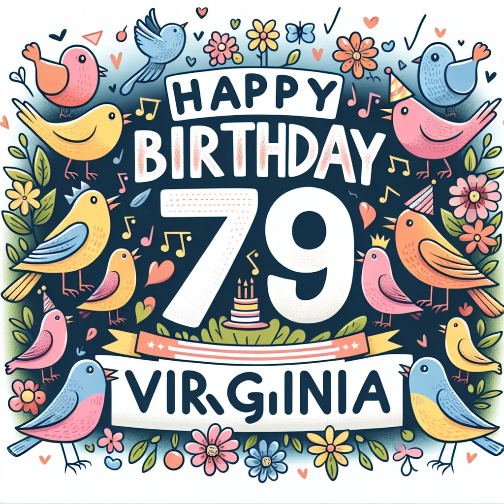 Happy 79th Birthday Virginia with Birds Illustration Cartoon Style