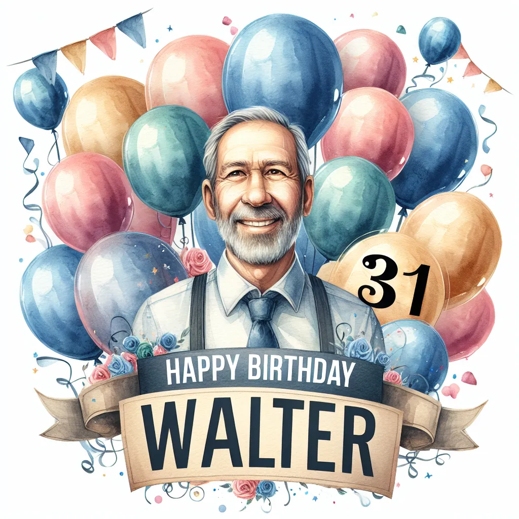 Happy 31st Birthday Walter with Balloon Watercolor Style