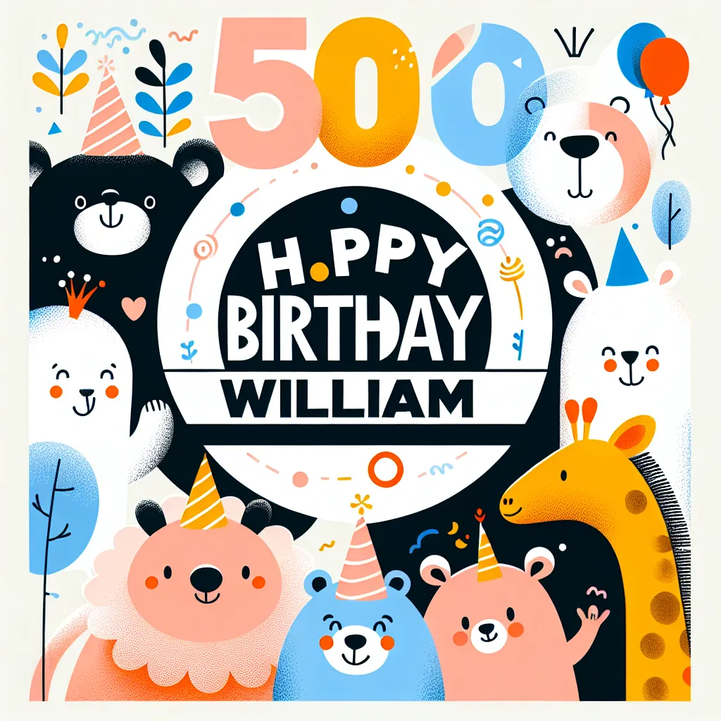 Happy 50th Birthday William with Cute Animals Abstract Art Style