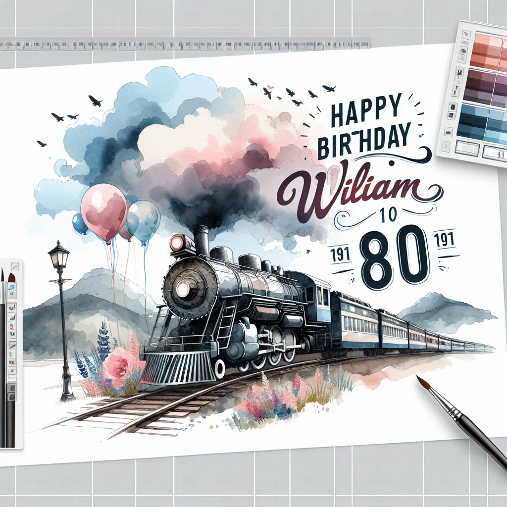 Happy 80th Birthday William with Train Watercolor Style