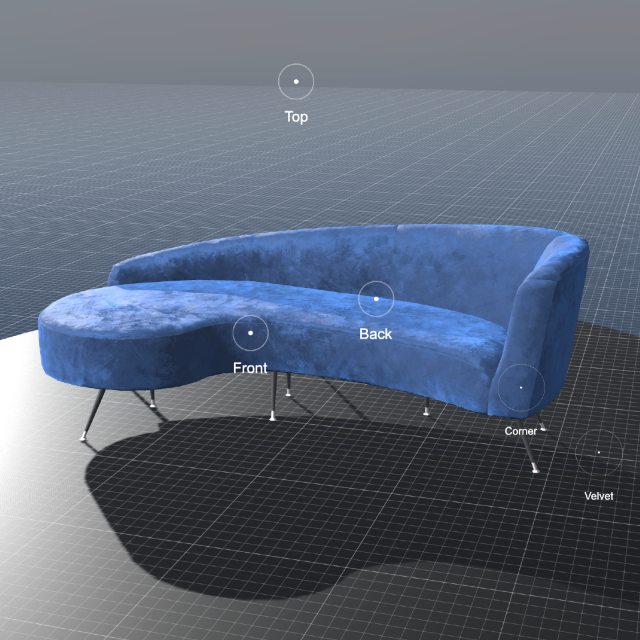 Velvet blue sofa with points of interest picture