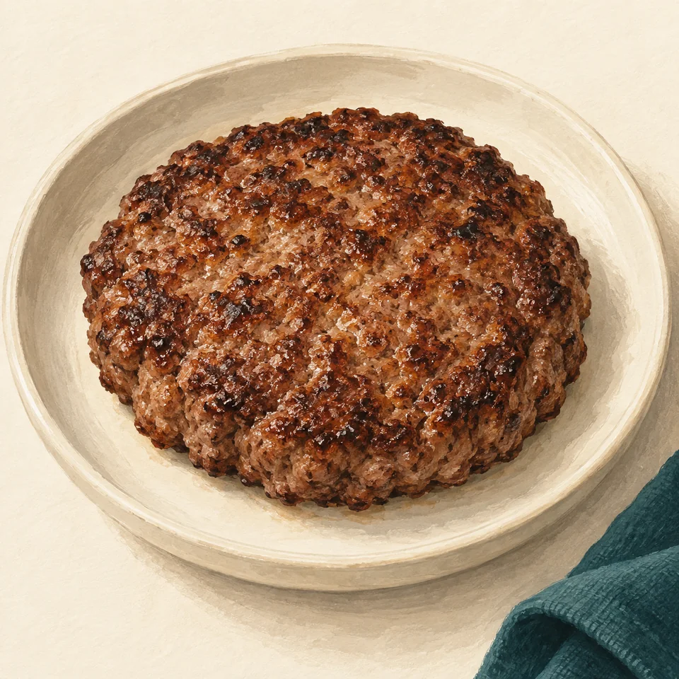 Illustration of Beef ground 90% lean: Ground beef, 90% lean / 10% fat, cooked as a pan-broiled patty.