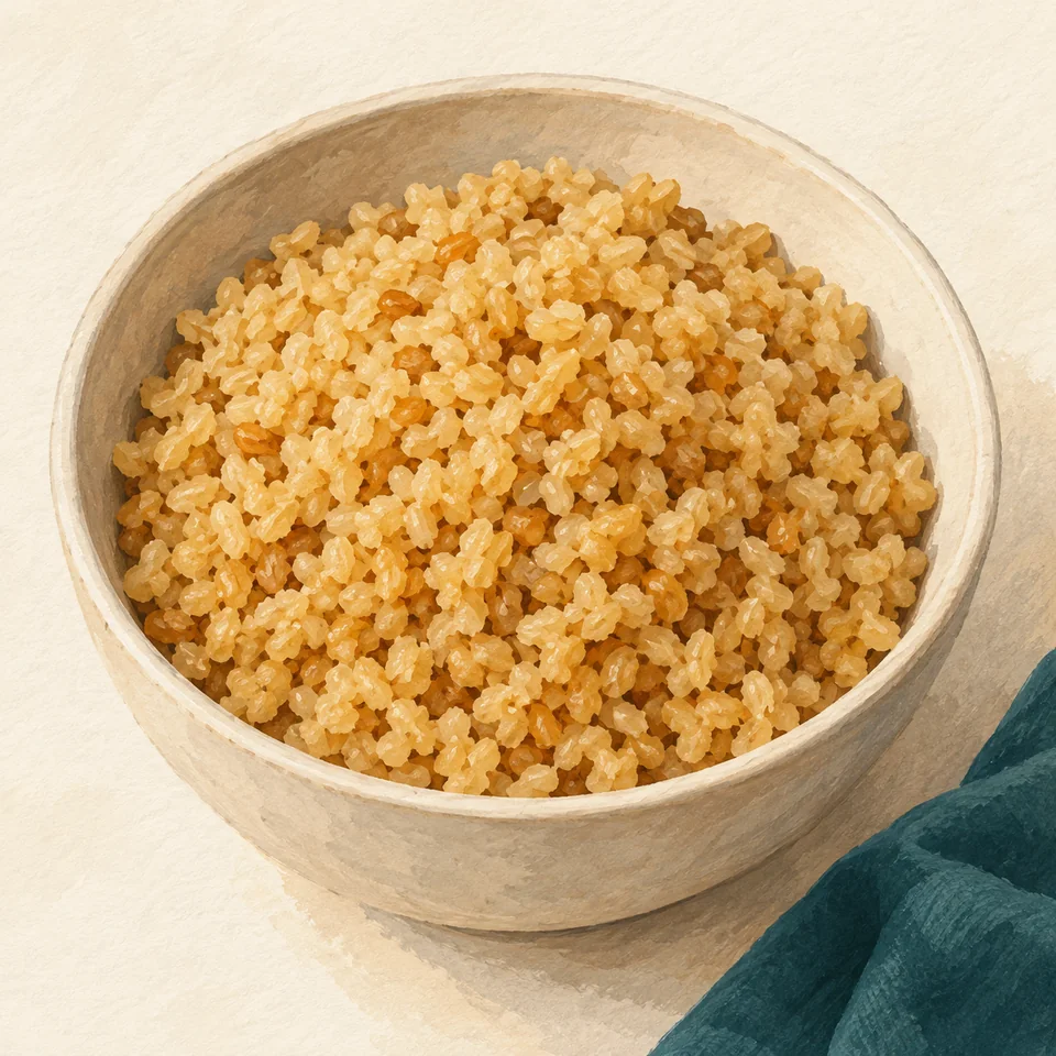 Illustration of Bulgur: Cooked bulgur; added salt/fat not specified in the source description.