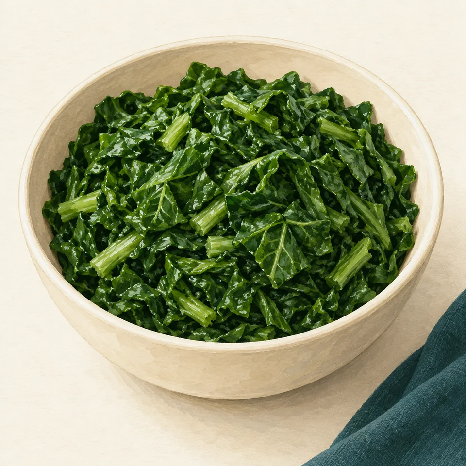 Illustration of Collard greens: Collards, cooked, boiled, drained, without salt, exactly as identified by USDA.
