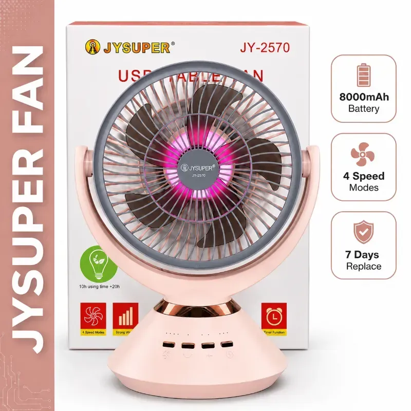 JYSUPER JY-2570 Rechargeable USB Table Fan with 8000mAh Battery