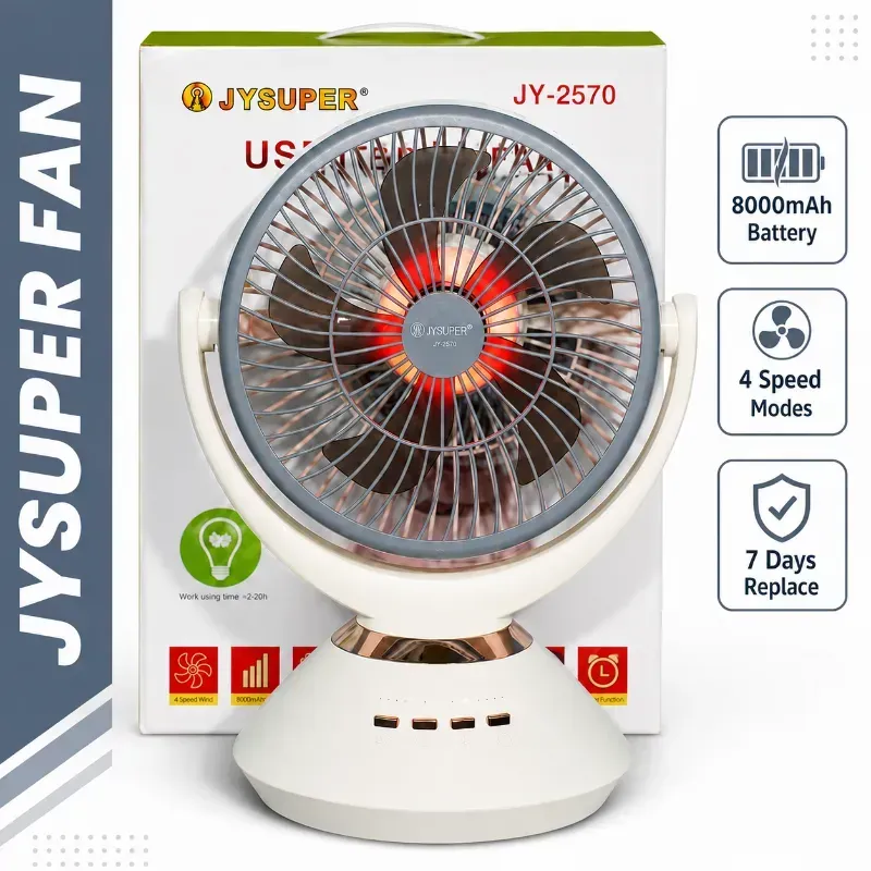 JYSUPER JY-2570 Rechargeable USB Table Fan with 8000mAh Battery