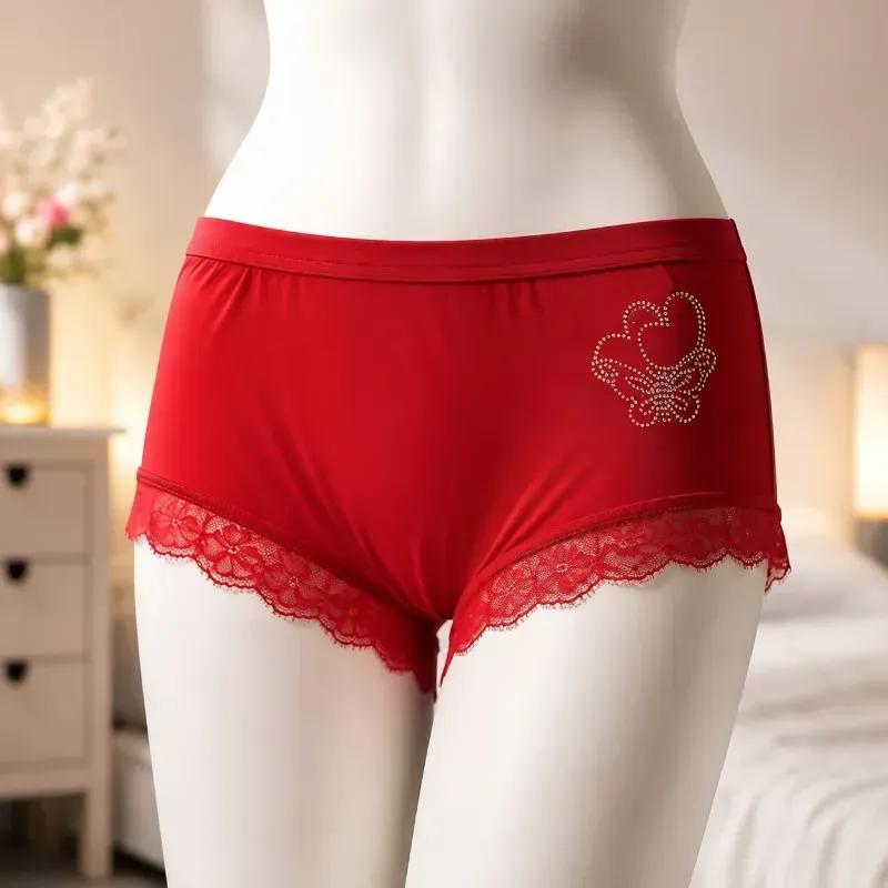 Women’s Red Lace Trim Soft Stretch Boyshort Panty with Rhinestone Design