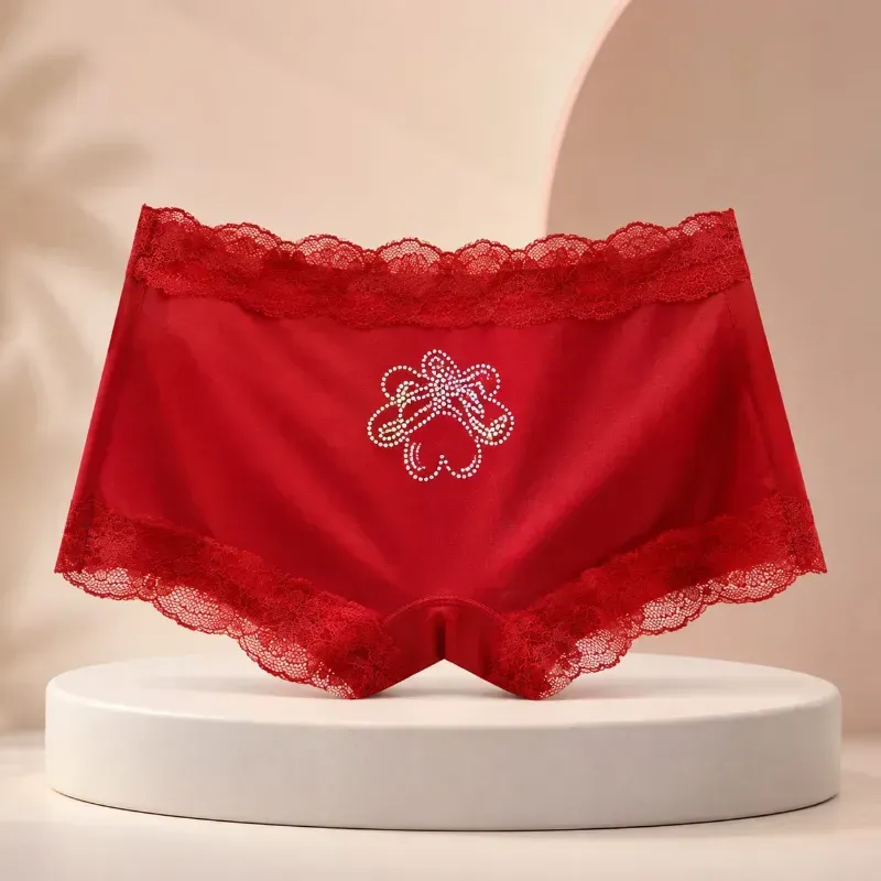 Women’s Red Lace Trim Soft Stretch Boyshort Panty with Rhinestone Design