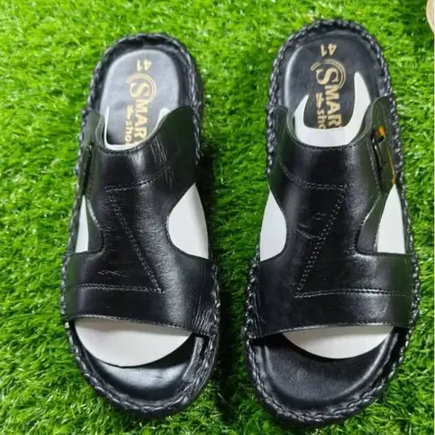 Men's Premium Black Leather Slip-on Sandal - পুরুষদের প্রিমিয়াম কালো চামড়ার আরামদায়ক চটি স্যান্ডেল