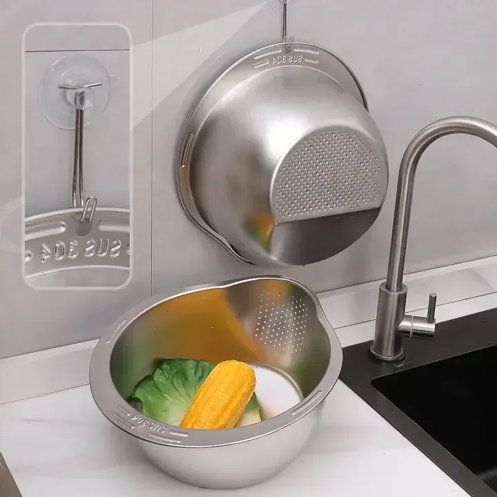 Stainless Steel Rice Washing Bowl & Vegetable Strainer