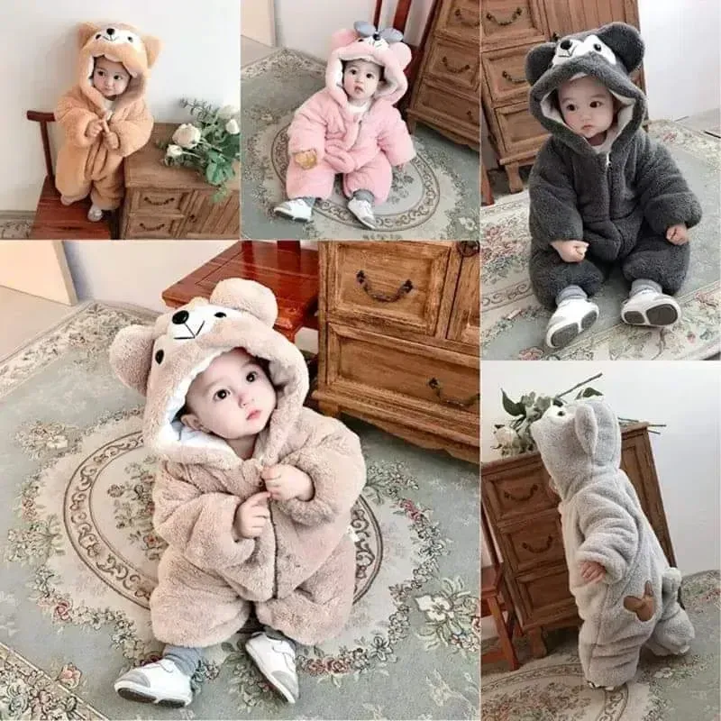Cute Teddy Bear Fleece Hooded Baby Romper Snowsuit