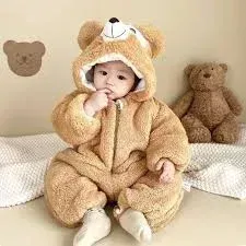 Cute Teddy Bear Fleece Hooded Baby Romper Snowsuit
