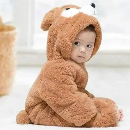 Cute Teddy Bear Fleece Hooded Baby Romper Snowsuit