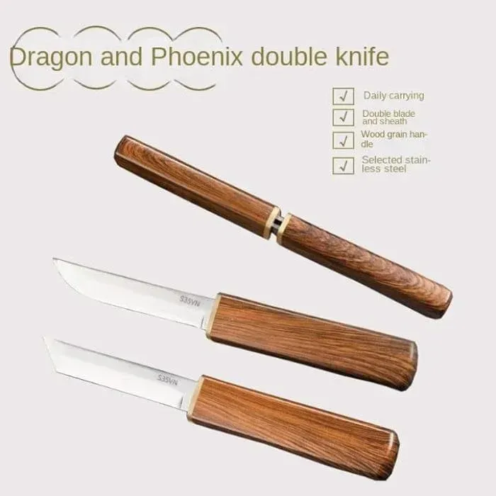 Dragon & Phoenix Double Knife Set with Wooden Sheath