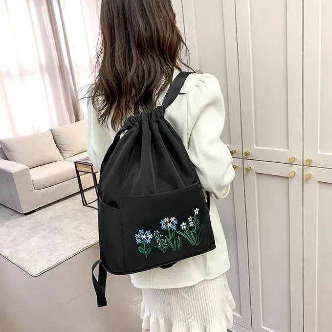Floral Embroidery Drawstring Backpack for Women
