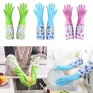 Long Sleeve Waterproof Kitchen Gloves | Floral Dishwashing & Cleaning Gloves for Home – Green, Blue & Pink