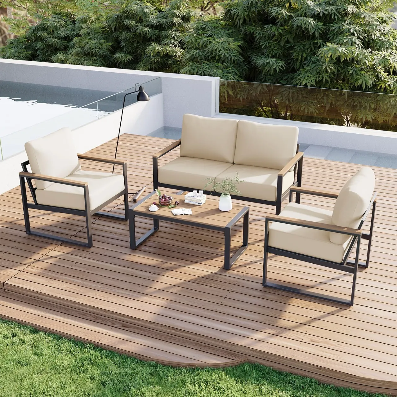 Aoxun Patio Furniture Set, 4 Piece Outdoor Patio Furniture with Thick Cushions, Modern Metal Outdoor Conversation Sets with Coffee Table for Porch, Balcony, Deck Beige - Elevate Your Outdoor Living